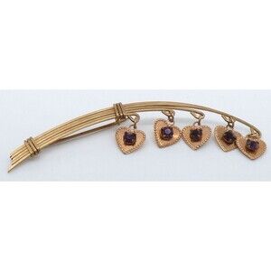 Heart Charm Bar Brooch Purple Rhinestones Rose Gold Tone Metal Vintage Unique!
